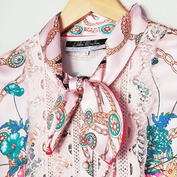 Dalia MacPhee Pink Lace Long Sleeve Printed Pleated Midi Dress M Vintage Luxe - Picture 13 of 16